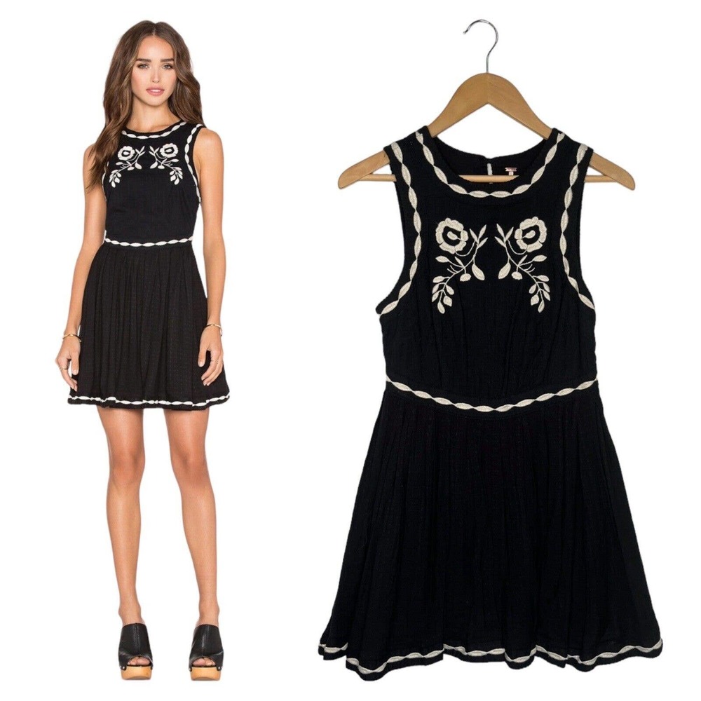 Free People Dress Womens 2 Delightful Birds Of A Feather Embroidered Flare Black
